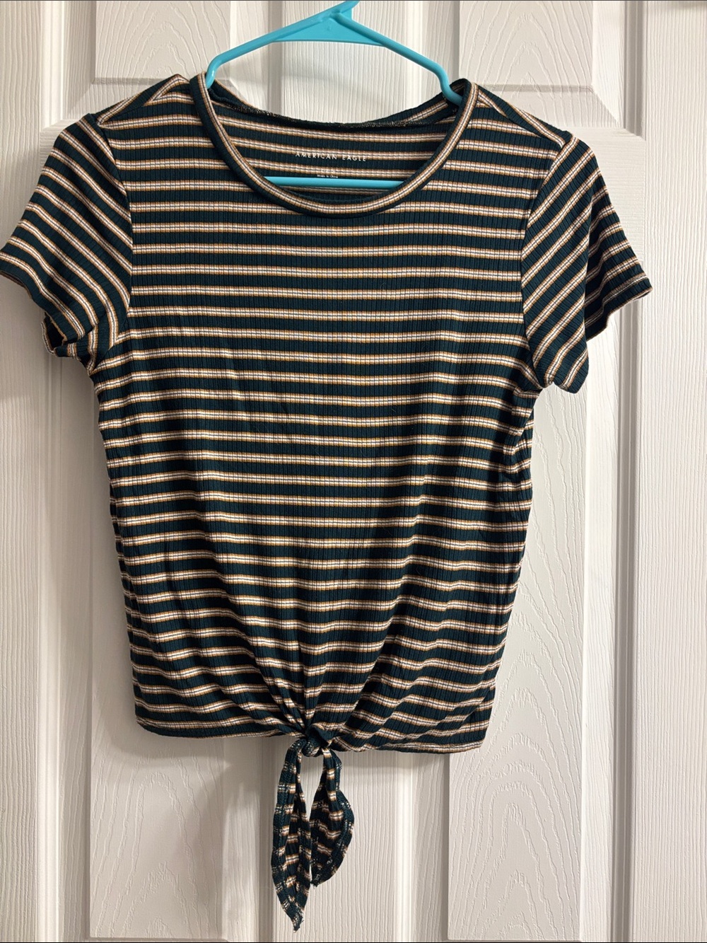 American Eagle Forest Green Striped Ribbed Front Tie Croptop